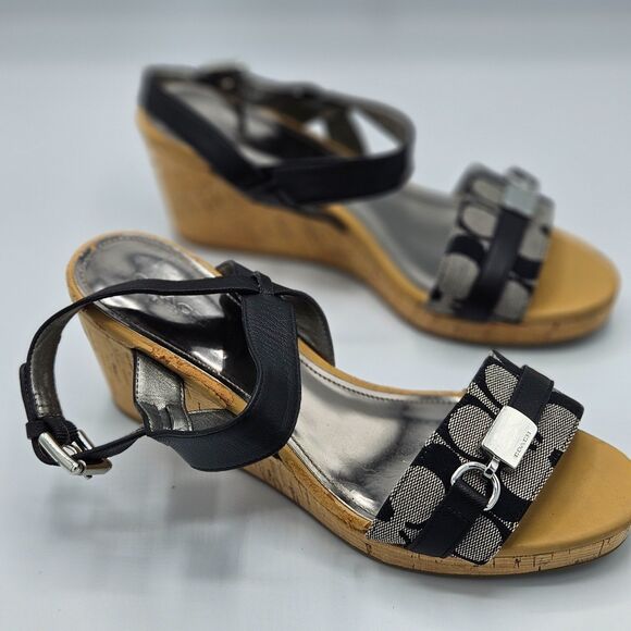 Coach Black Signature Jacquard Cork Wedge Sandals Women’s Size 9B Buckle Strap - Picture 2 of 6